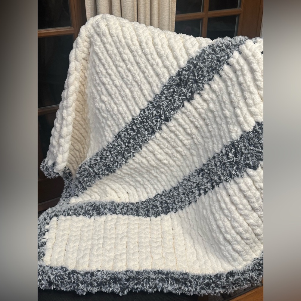 Cozy White and black fuzzy Textured Blanket